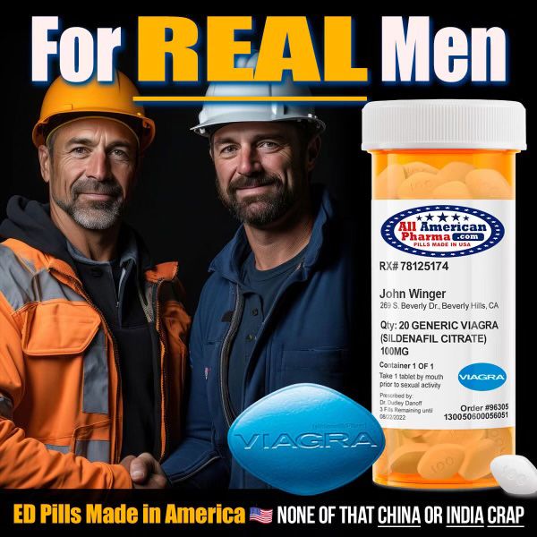 All American Pharma banner ad entitled For Real Men - featuring two construction workers 