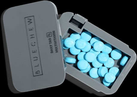 BlueChew box full of round blue pills