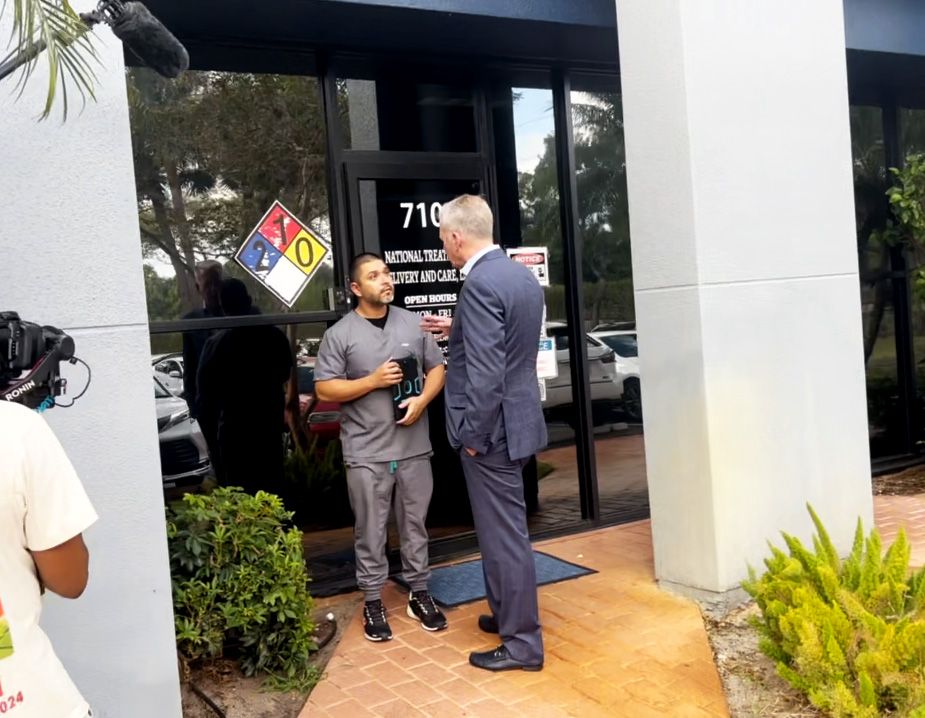 Chris Hansen interviews bluechew employee outside office