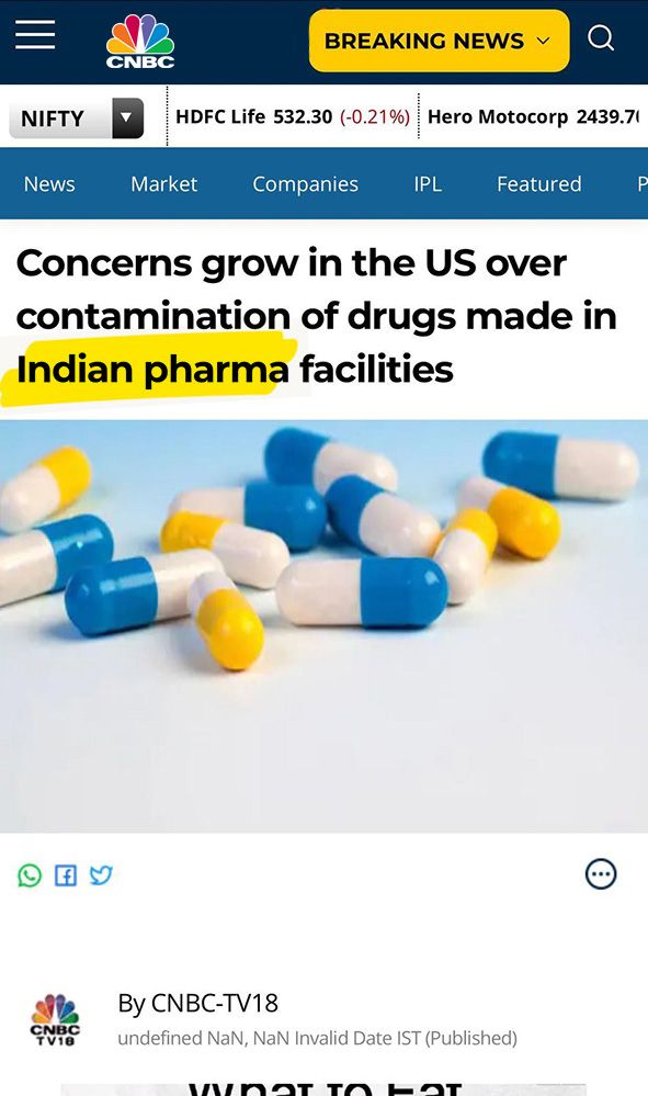 CNBC - concerns grow in the US over contamination of drugs made in Indian pharma facilities