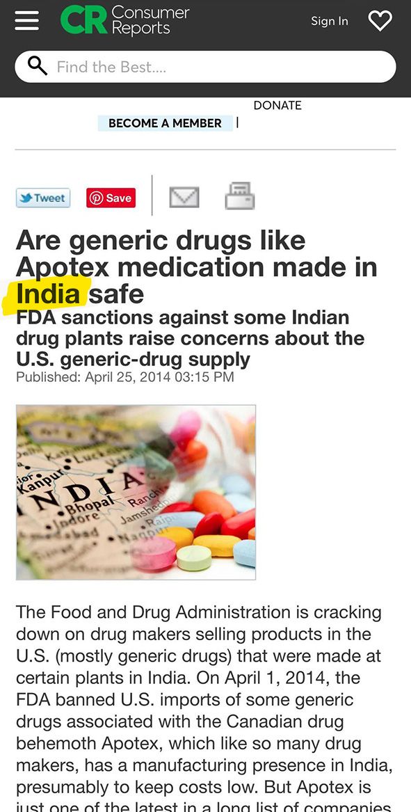 Consumer Reports - are generic drugs like Apotex medication made in India safe