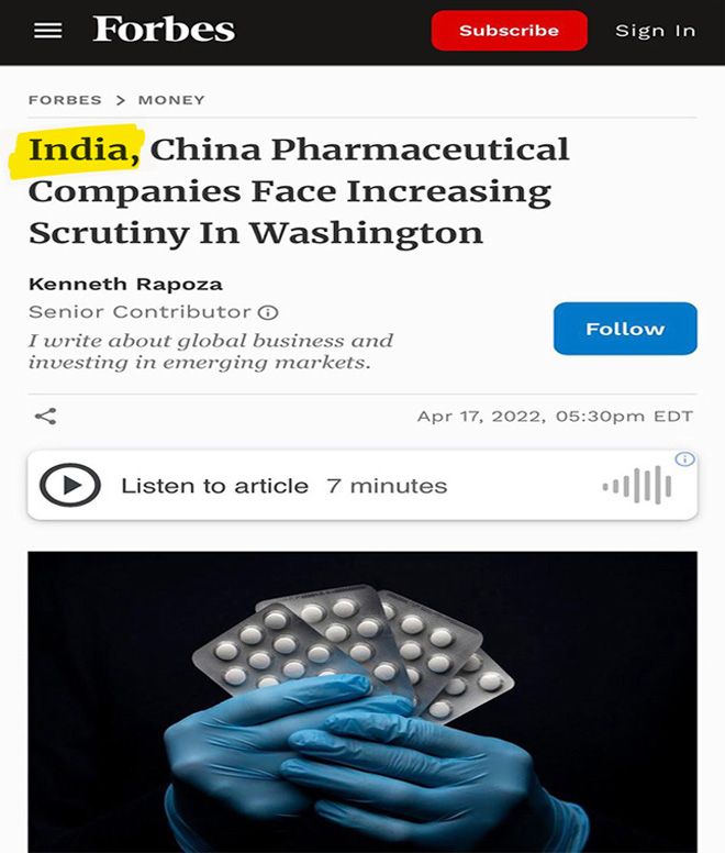 forbes - India, China pharmaceutical companies face increasing scrunity in Washington 