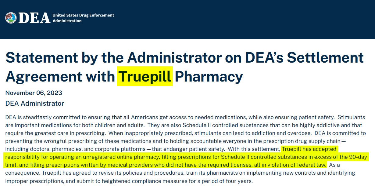 DEA  statement by the administrator on DEA's settlement agreement with Truepill Pharmacy