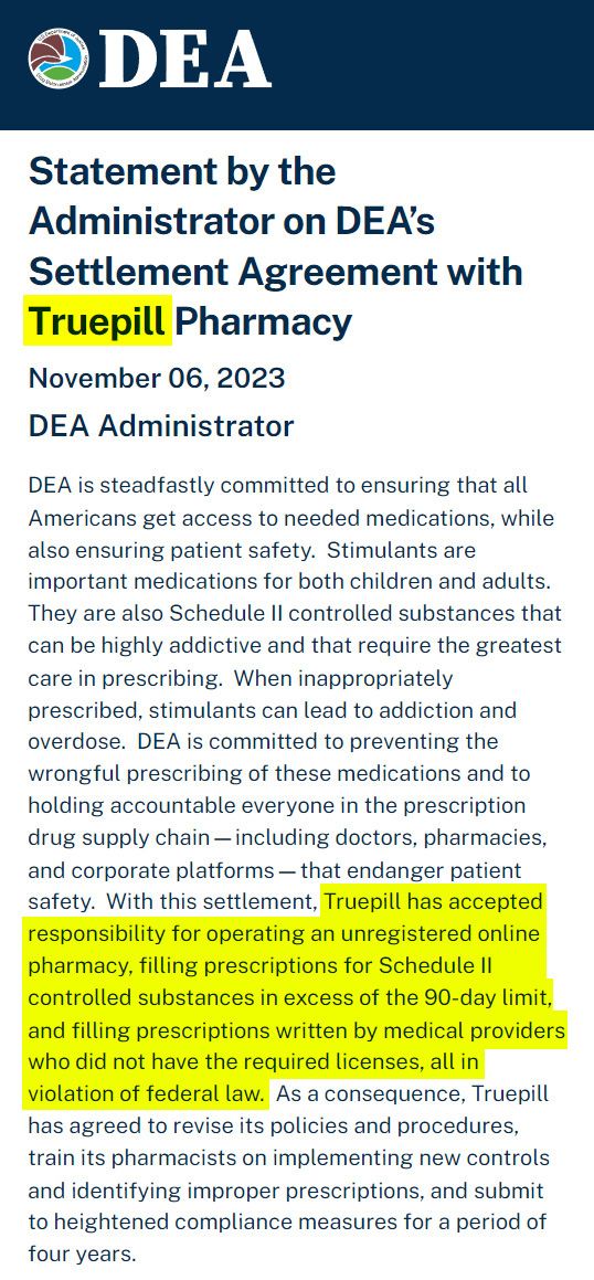 DEA  statement by the administrator on DEA's settlement agreement with Truepill Pharmacy