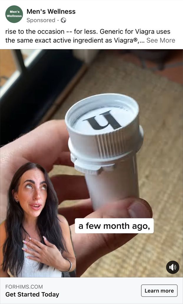 Hims - Facebook ad. - young woman pill bottle