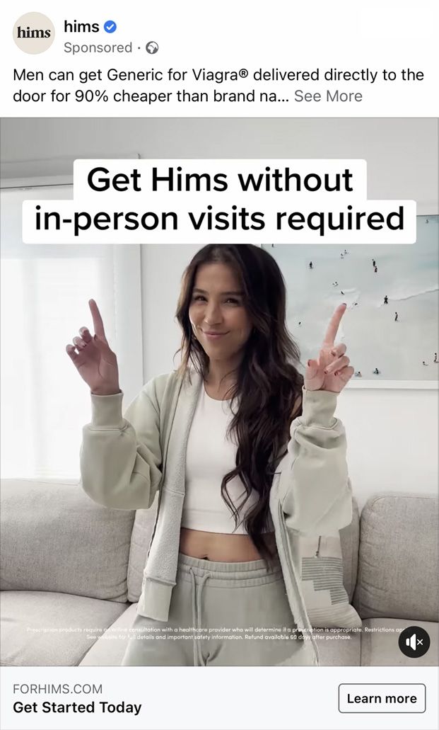 Hims - Facebook ad. - young woman pointing in air