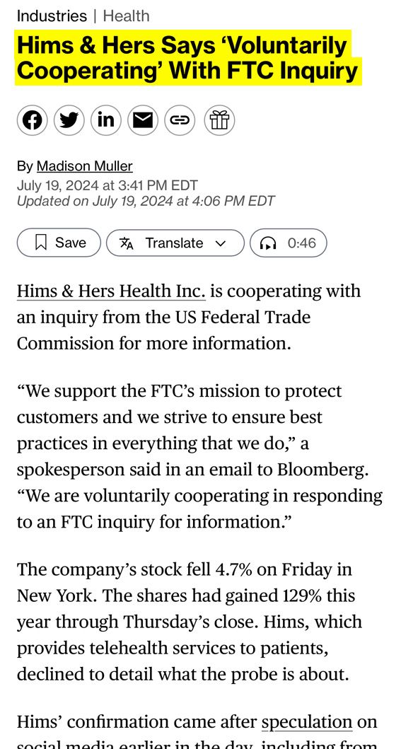 Hims & Hers says voluntarily cooperating with FTC inquiry