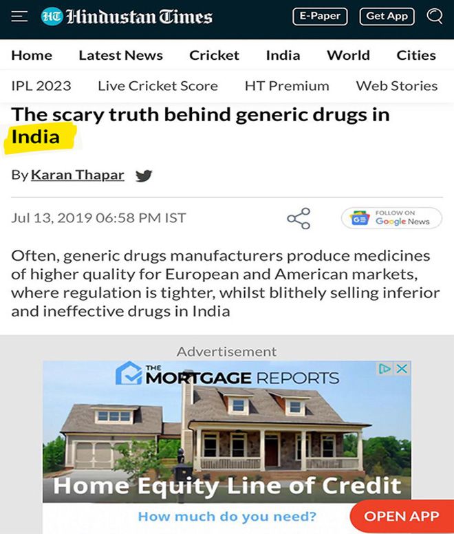 hindustan times - the scary truth behind generic drugs in India 