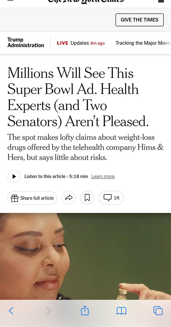 millions will see this Super Bowl ad. health experts aren't pleased