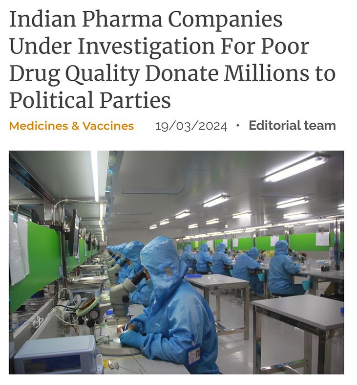 Roman article - Indian pharma companies under investigation for poor drug quality donate millions to political parties