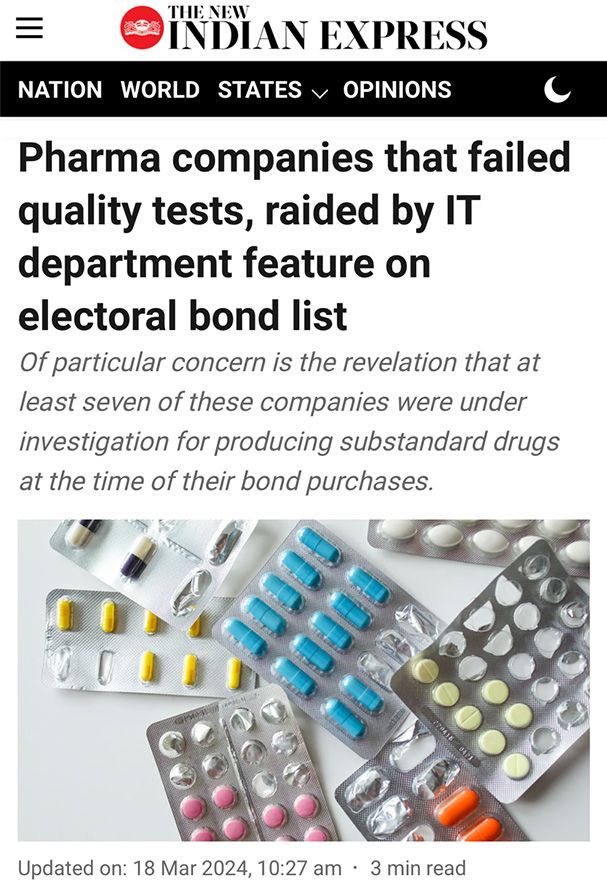 Roman article - The New Indian Express: pharma companies that failed quality tests raided by it department feature on electoral bond list