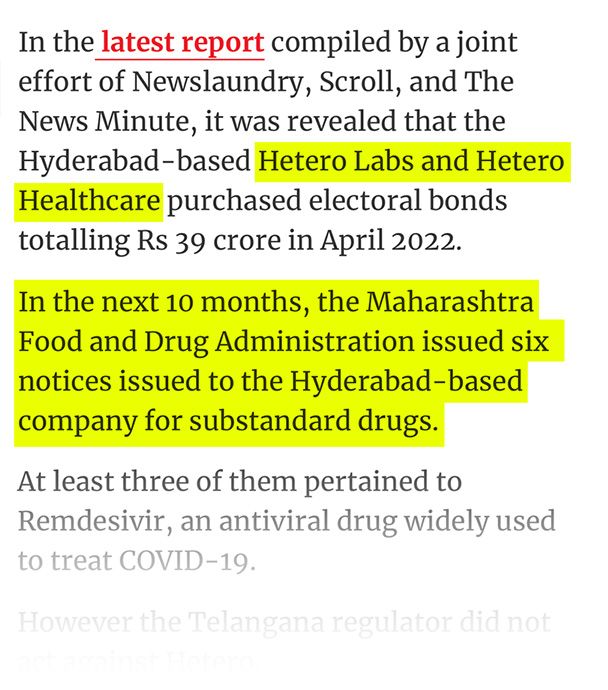 Roman article - The New Indian Express: pharma companies that failed quality tests raided by it department feature on electoral bond list