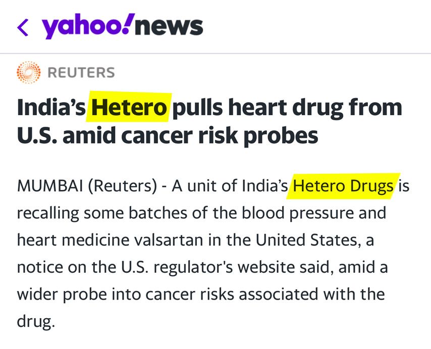 Roman article - Yahoo News: India's hetero pulls heart drug from US amid cancer risk probes